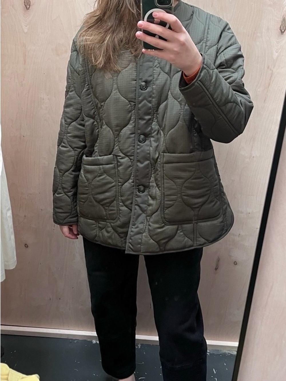 Olive Green Quilted Puffer Jacket with Patch Pockets